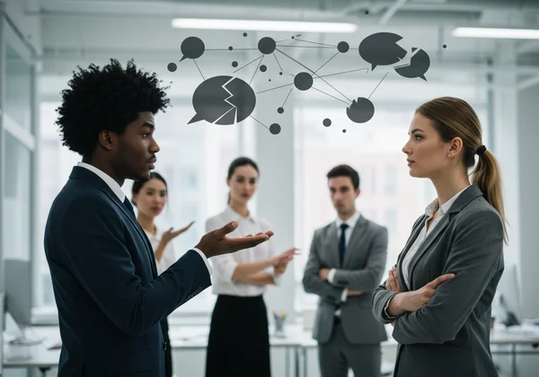 Team struggling to communicate, symbolizing low EI impact