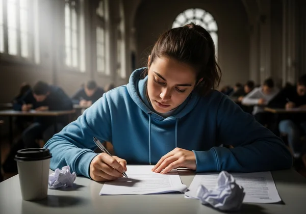 Student calm and focused during an exam, managing stress